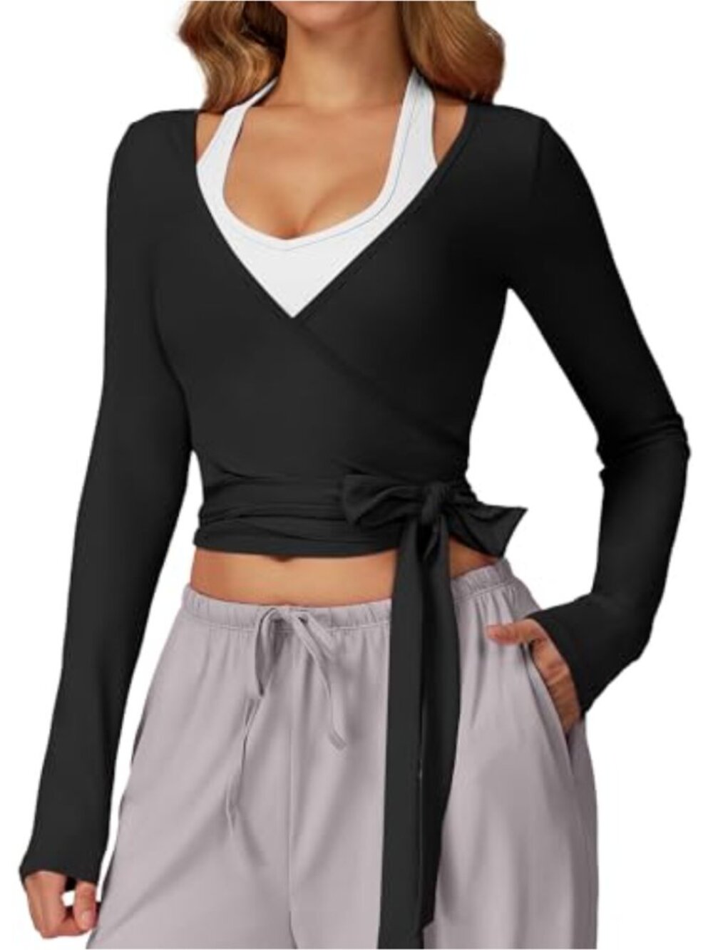 Long Sleeve Wrap Top Cross Tie Yoga Ballet Pilates Workout Shirt